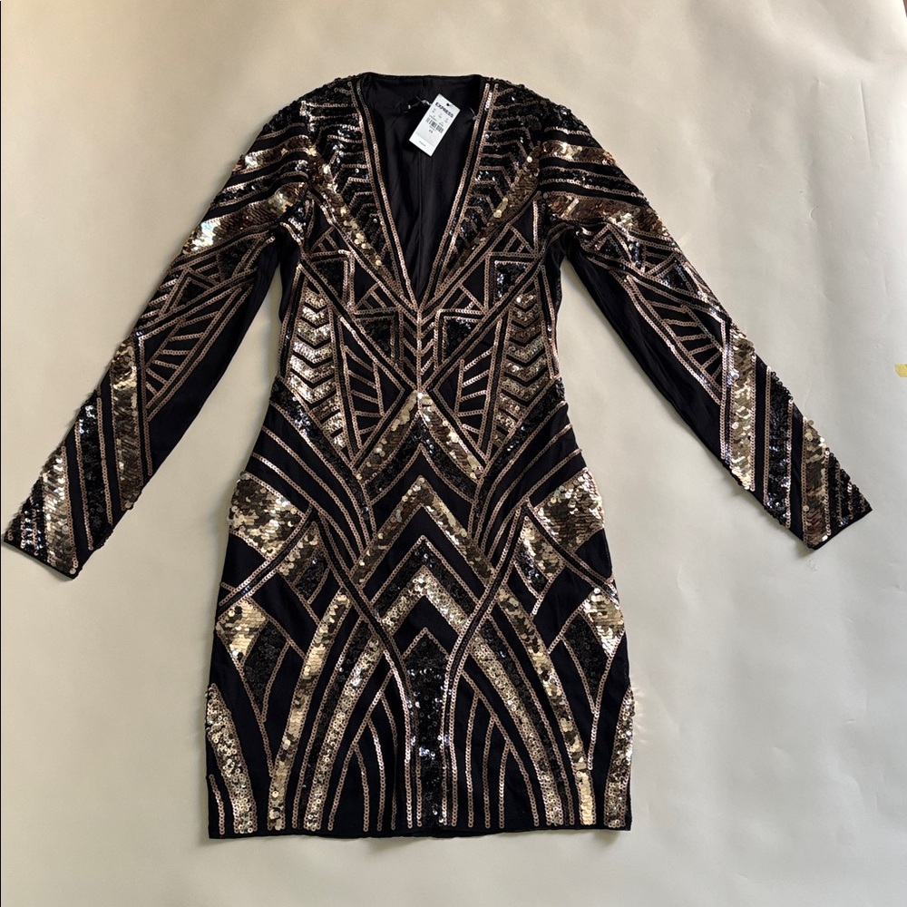 Glamorous Black and Gold Sequin Long Sleeve Dress